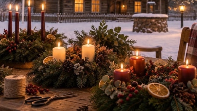 Plakāts Adventes vainagu meistarklase muzejā “Pikšas”. Izgaismota muzeja saimnieka māja ziemas ainavā, ar Latvijas karogu un priekšplānā Adventes vainagi ar svecēm