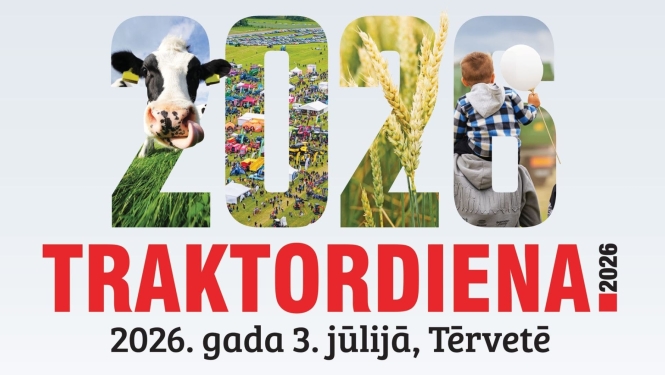Pasākuma Traktordiena 2026 vizuālis, ar dažādām lauku ainiņām gada skaitļa ciparos