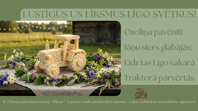 Traktors izveidots no siera, izdekorēts Līgo noskaņās
