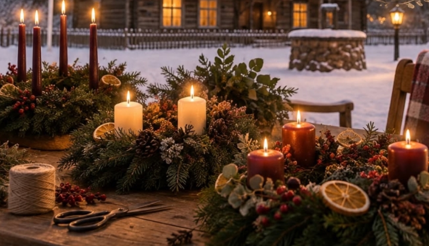 Plakāts Adventes vainagu meistarklase muzejā “Pikšas”. Izgaismota muzeja saimnieka māja ziemas ainavā, ar Latvijas karogu un priekšplānā Adventes vainagi ar svecēm