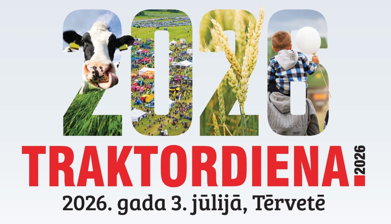 Pasākuma Traktordiena 2026 vizuālis, ar dažādām lauku ainiņām gada skaitļa ciparos
