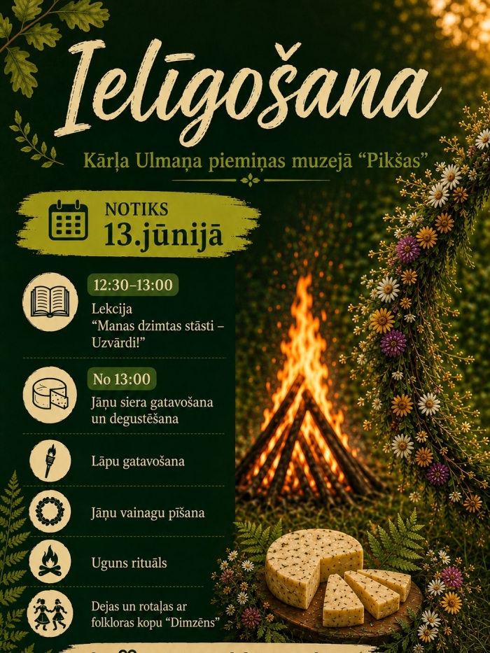 Muzeja "Pikšas" ielīgošanas afiša, Jāņu tradīciju simbolos un krāsu toņos