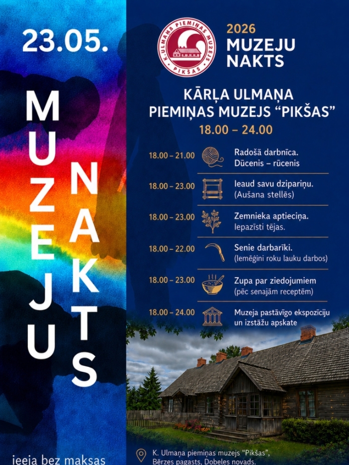 K.Ulmaņa piemiņas muzeja “Pikšas” programma pasākumā "Muzeju nakts". Fonā dzīvojamā ēka vakara krēslā