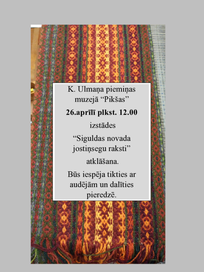 izklāta raiba jostu sega ar atklāšanas informāciju attēla centrā